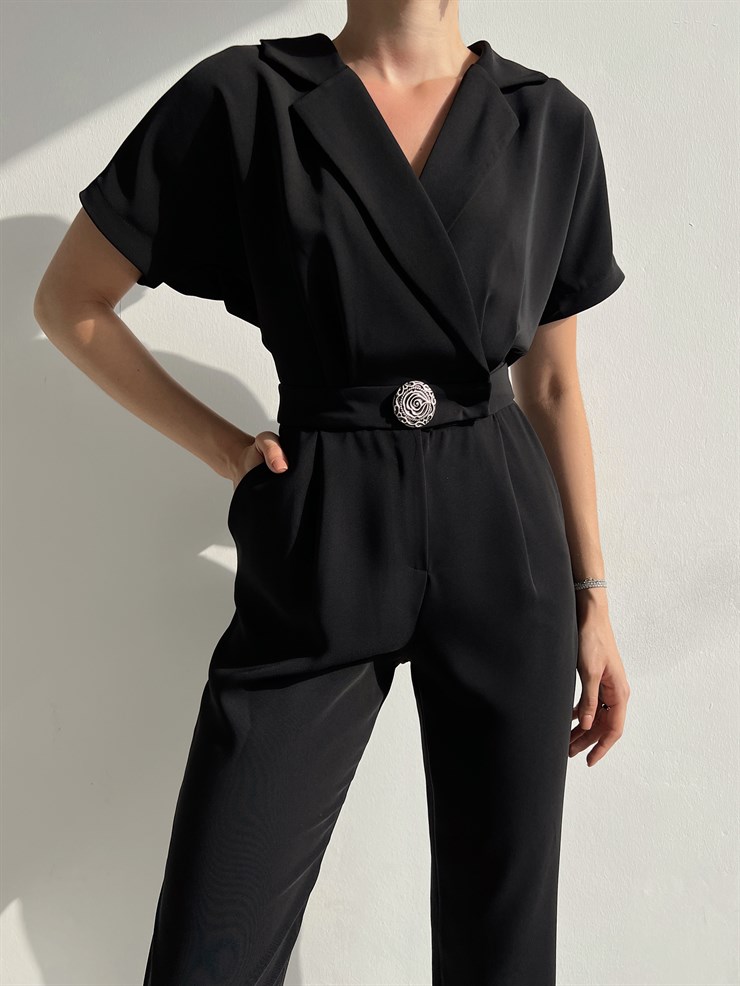 Kısa Kol Kruvaze Yaka Pileli Tonia Kadın Siyah Tulum 22Y000382