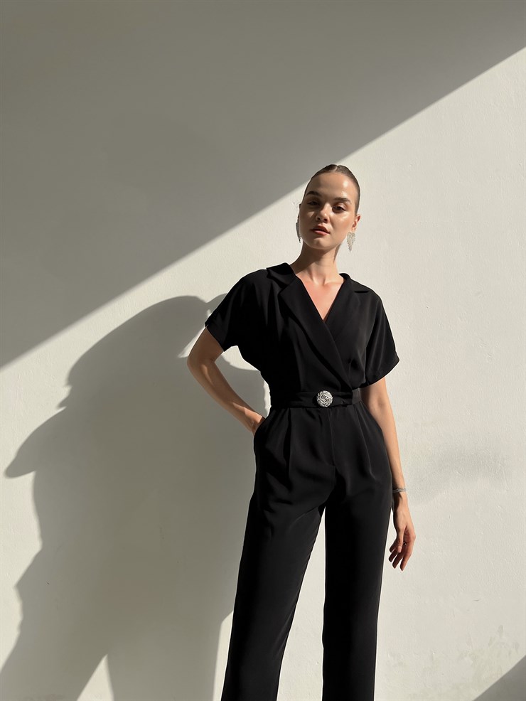 Kısa Kol Kruvaze Yaka Pileli Tonia Kadın Siyah Tulum 22Y000382