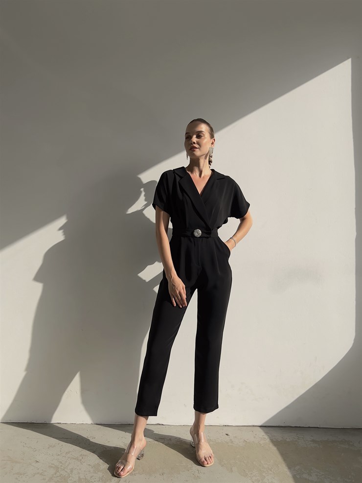 Kısa Kol Kruvaze Yaka Pileli Tonia Kadın Siyah Tulum 22Y000382