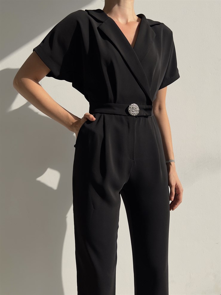 Kısa Kol Kruvaze Yaka Pileli Tonia Kadın Siyah Tulum 22Y000382