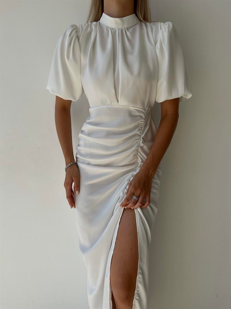 Kısa Kol Saten Önden Yırtmaçlı Drape Gage Kadın Beyaz Elbise 22K000431