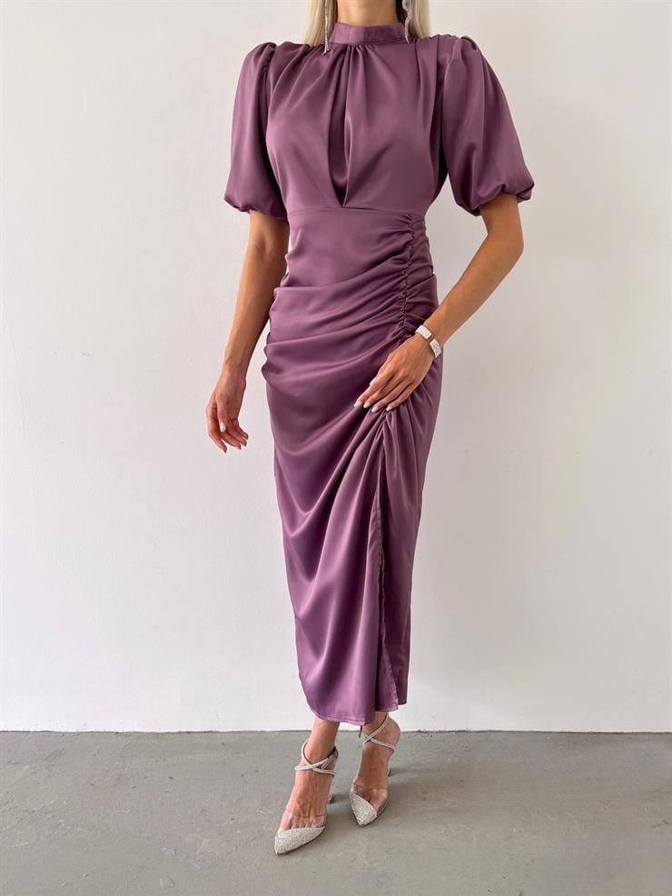 Kısa Kol Saten Önden Yırtmaçlı Drape Gage Kadın Lila Elbise 22K000431