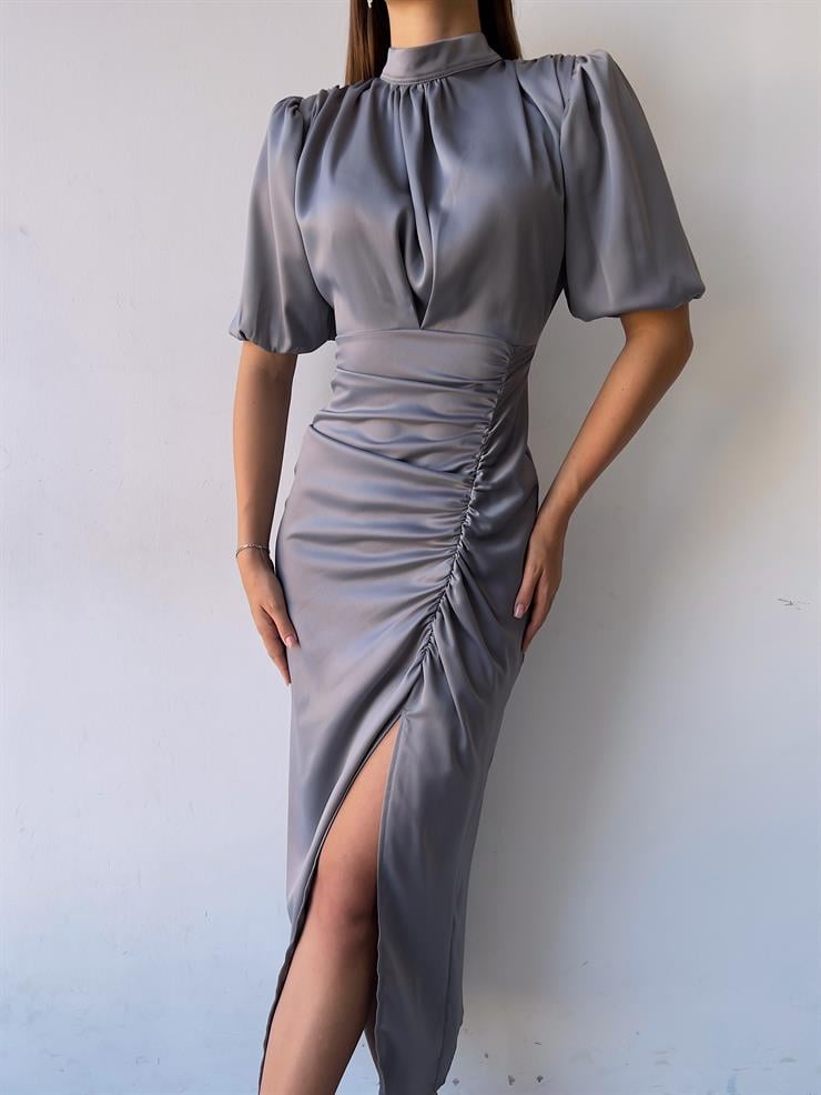 Kısa Kol Saten Önden Yırtmaçlı Drape Gage Kadın Gri Elbise 22K000431