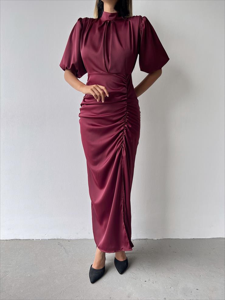 Kısa Kol Saten Önden Yırtmaçlı Drape Gage Kadın Bordo Elbise 22K000431