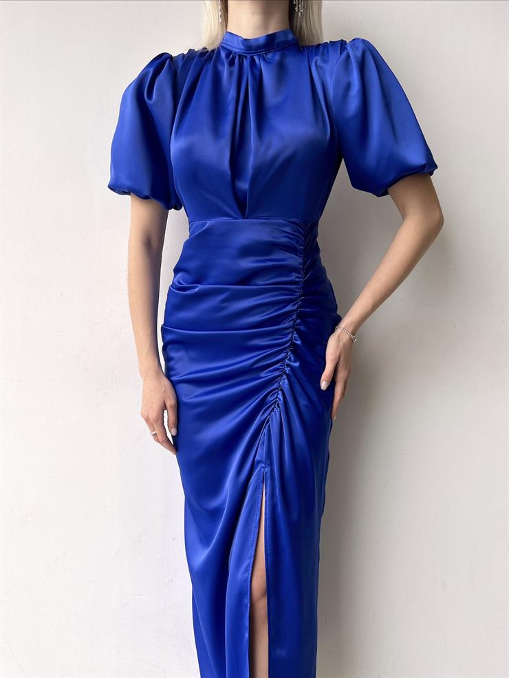 Kısa Kol Saten Önden Yırtmaçlı Drape Gage Kadın Gece Mavisi Elbise 22K000431