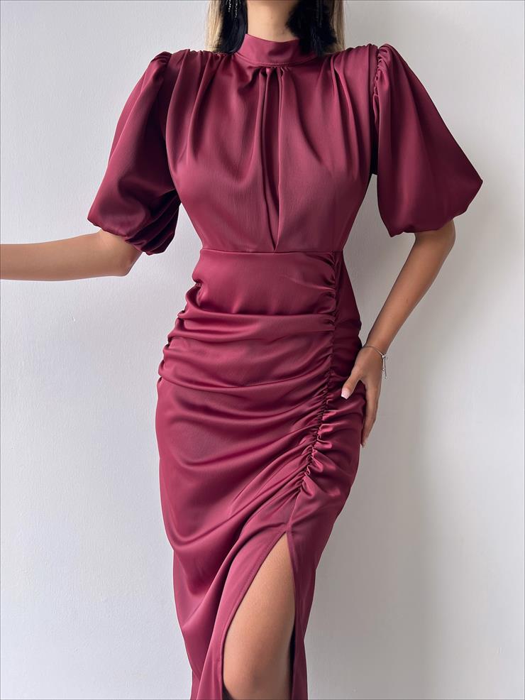 Kısa Kol Saten Önden Yırtmaçlı Drape Gage Kadın Bordo Elbise 22K000431