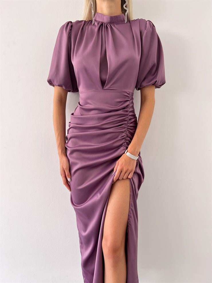 Kısa Kol Saten Önden Yırtmaçlı Drape Gage Kadın Lila Elbise 22K000431