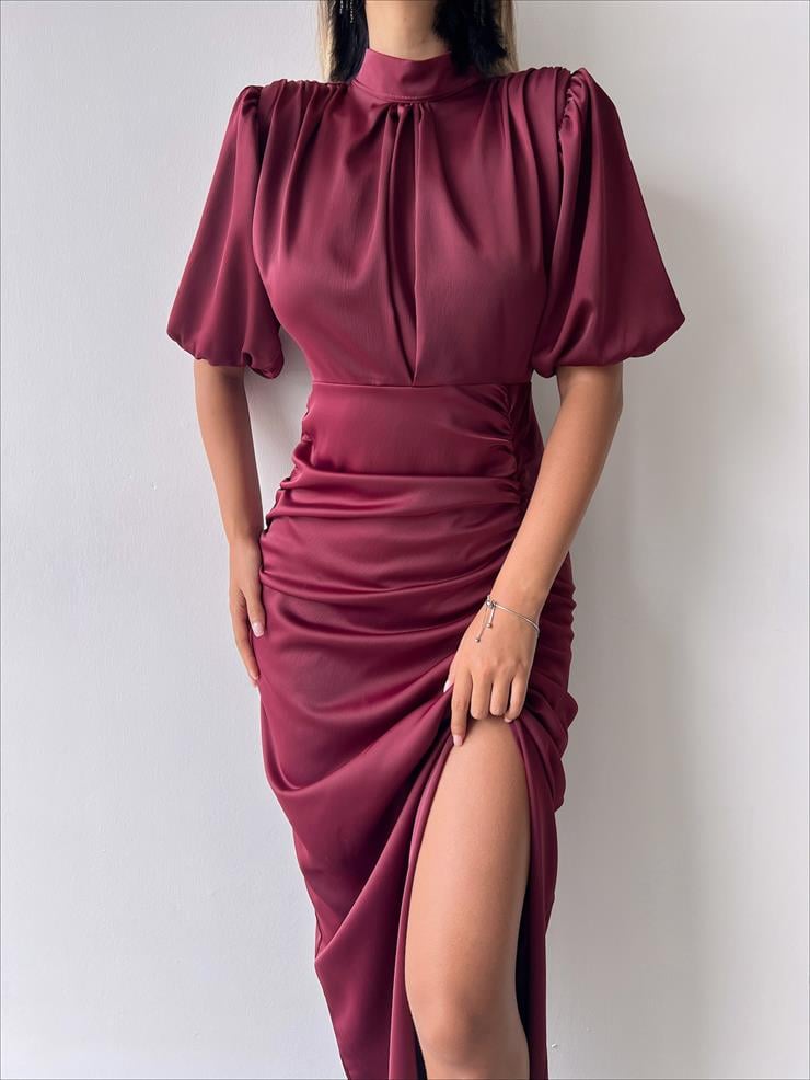 Kısa Kol Saten Önden Yırtmaçlı Drape Gage Kadın Bordo Elbise 22K000431