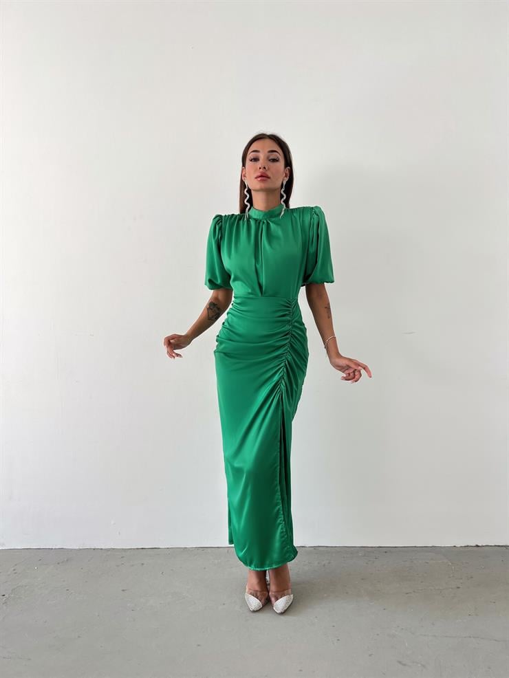 Kısa Kol Saten Önden Yırtmaçlı Drape Gage Kadın Yeşil Elbise 22K000431