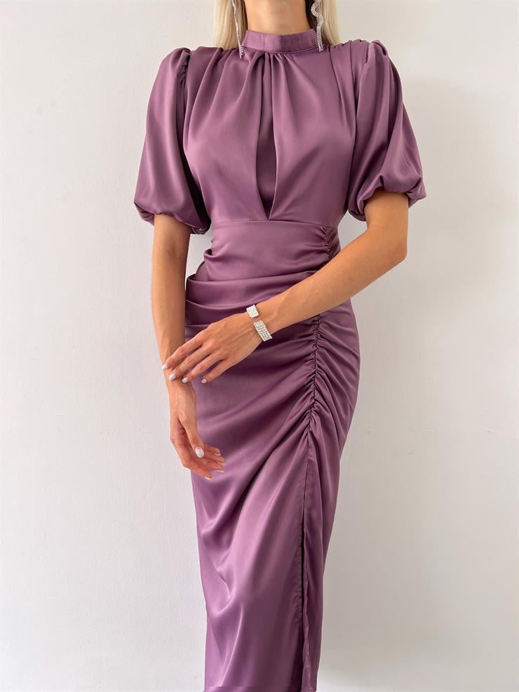 Kısa Kol Saten Önden Yırtmaçlı Drape Gage Kadın Lila Elbise 22K000431