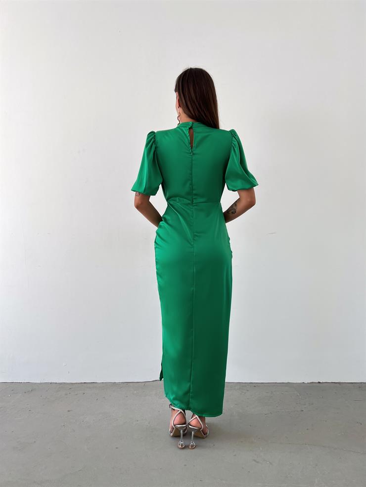 Kısa Kol Saten Önden Yırtmaçlı Drape Gage Kadın Yeşil Elbise 22K000431