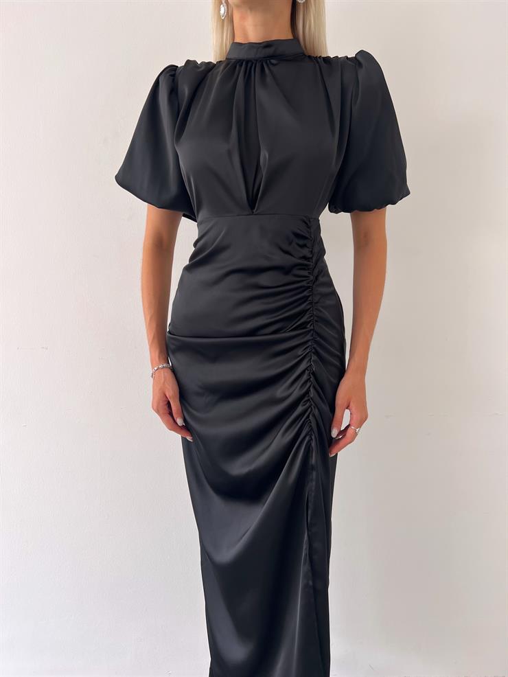 Kısa Kol Saten Önden Yırtmaçlı Drape Gage Kadın Siyah Elbise 22K000431