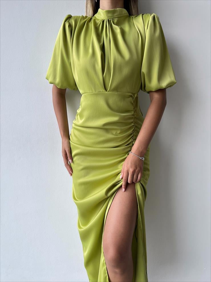 Kısa Kol Saten Önden Yırtmaçlı Drape Gage Kadın Yağ Yeşili Elbise 22K000431