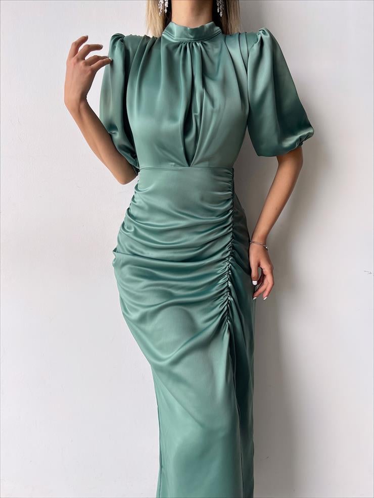 Kısa Kol Saten Önden Yırtmaçlı Drape Gage Kadın Mint Elbise 22K000431