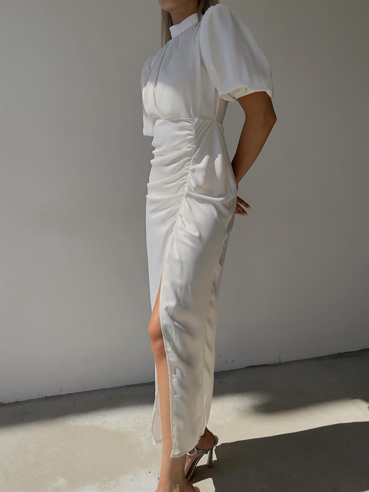 Kısa Kol Saten Önden Yırtmaçlı Drape Gage Kadın Beyaz Elbise 22K000431