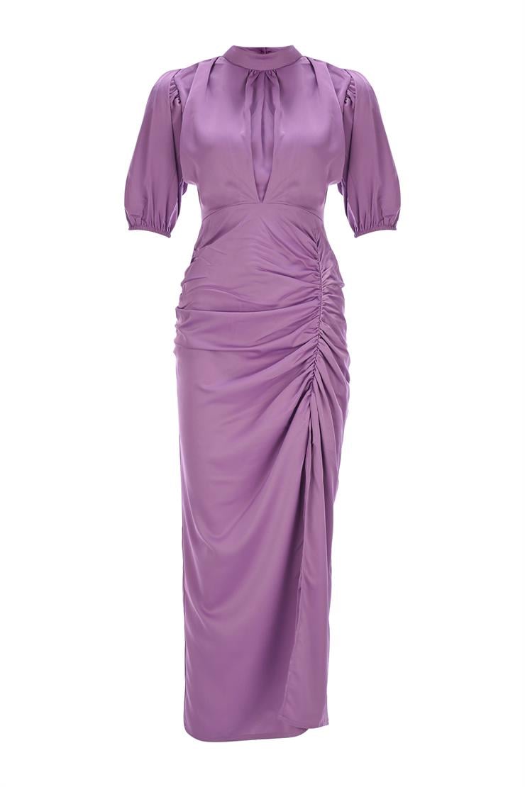 Kısa Kol Saten Önden Yırtmaçlı Drape Gage Kadın Lila Elbise 22K000431