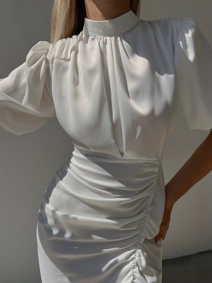 Kısa Kol Saten Önden Yırtmaçlı Drape Gage Kadın Beyaz Elbise 22K000431