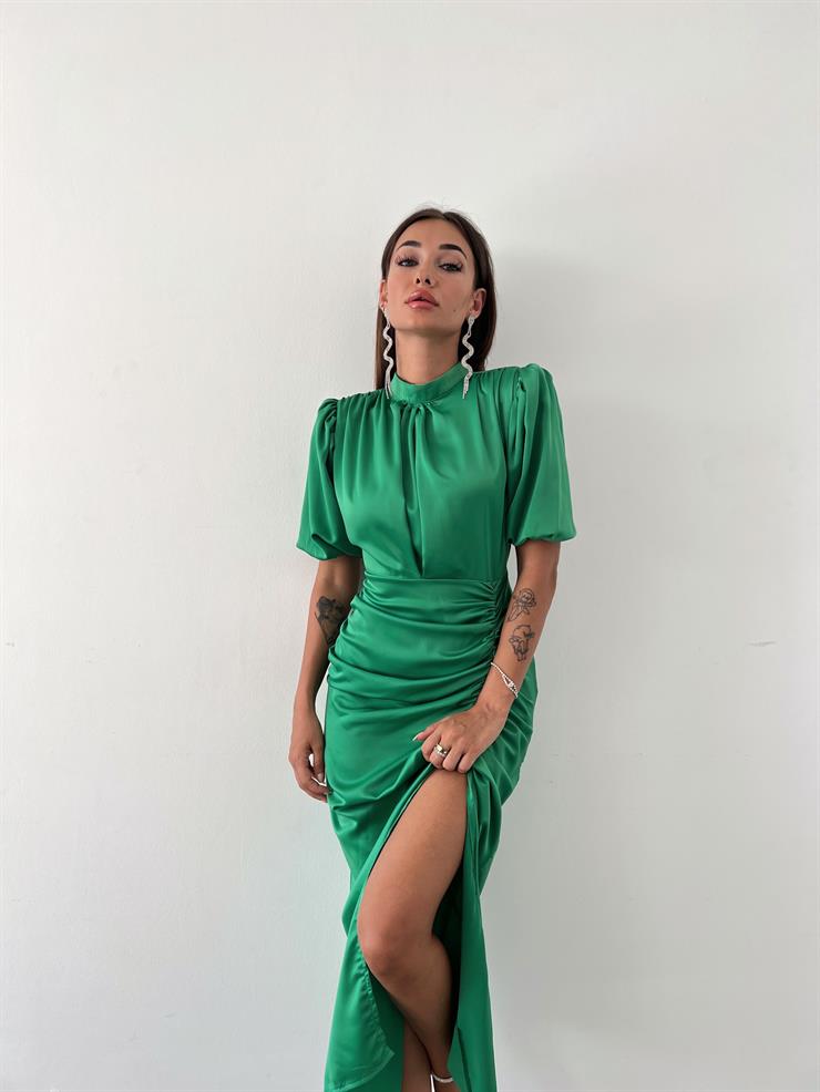 Kısa Kol Saten Önden Yırtmaçlı Drape Gage Kadın Yeşil Elbise 22K000431