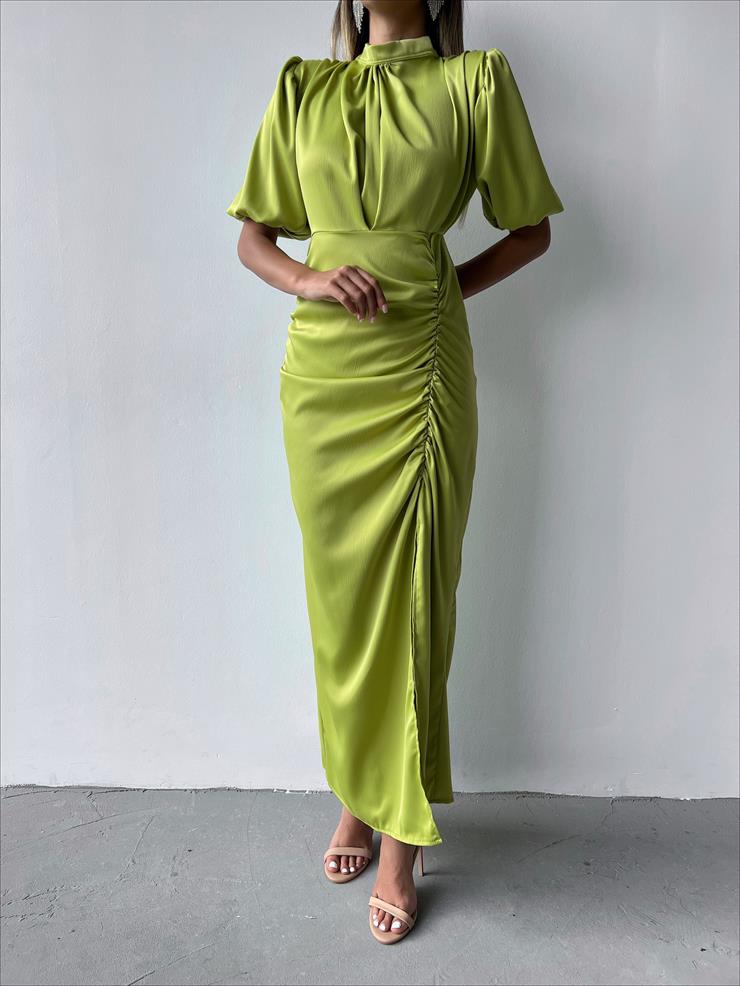 Kısa Kol Saten Önden Yırtmaçlı Drape Gage Kadın Yağ Yeşili Elbise 22K000431