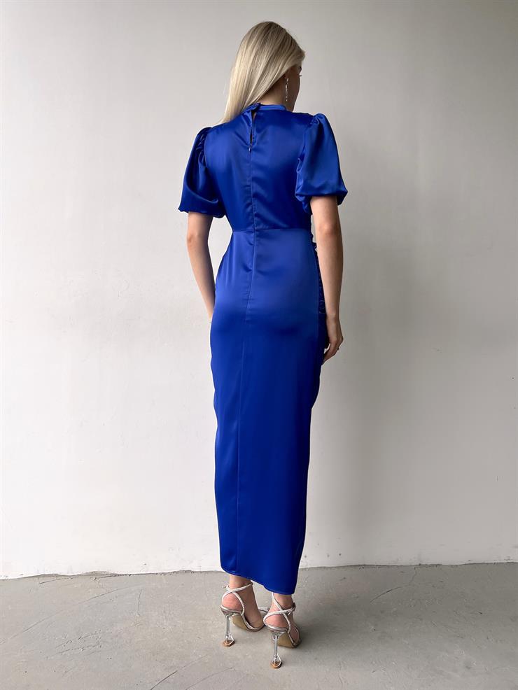 Kısa Kol Saten Önden Yırtmaçlı Drape Gage Kadın Gece Mavisi Elbise 22K000431