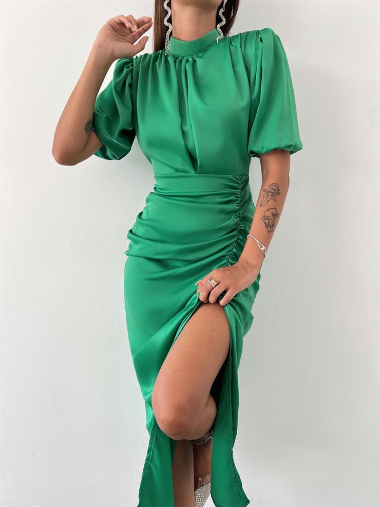 Kısa Kol Saten Önden Yırtmaçlı Drape Gage Kadın Yeşil Elbise 22K000431