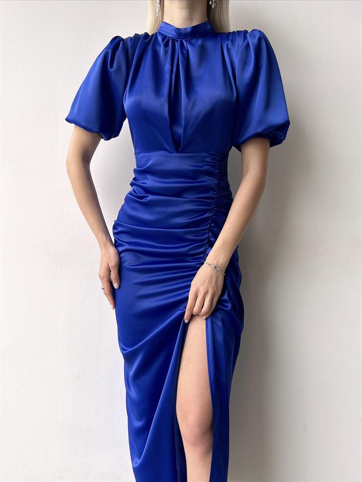 Kısa Kol Saten Önden Yırtmaçlı Drape Gage Kadın Gece Mavisi Elbise 22K000431