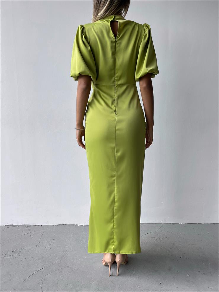 Kısa Kol Saten Önden Yırtmaçlı Drape Gage Kadın Yağ Yeşili Elbise 22K000431
