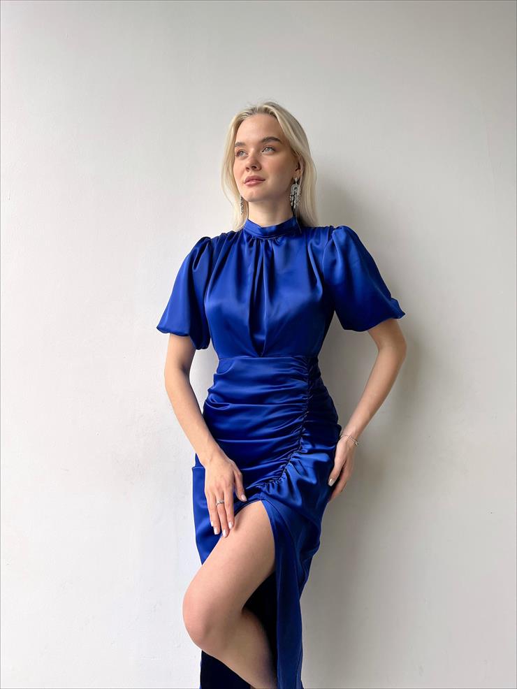 Kısa Kol Saten Önden Yırtmaçlı Drape Gage Kadın Gece Mavisi Elbise 22K000431