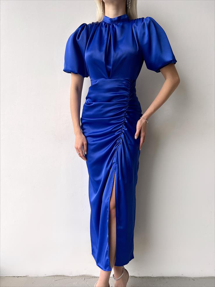 Kısa Kol Saten Önden Yırtmaçlı Drape Gage Kadın Gece Mavisi Elbise 22K000431