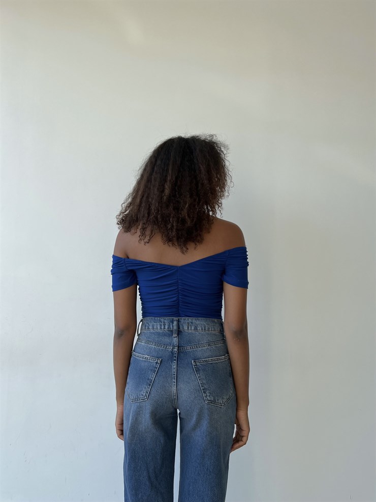 Kısa Kollu Kayık Yaka Büzgülü Jocosus Kadın Saks Bluz 22Y000394