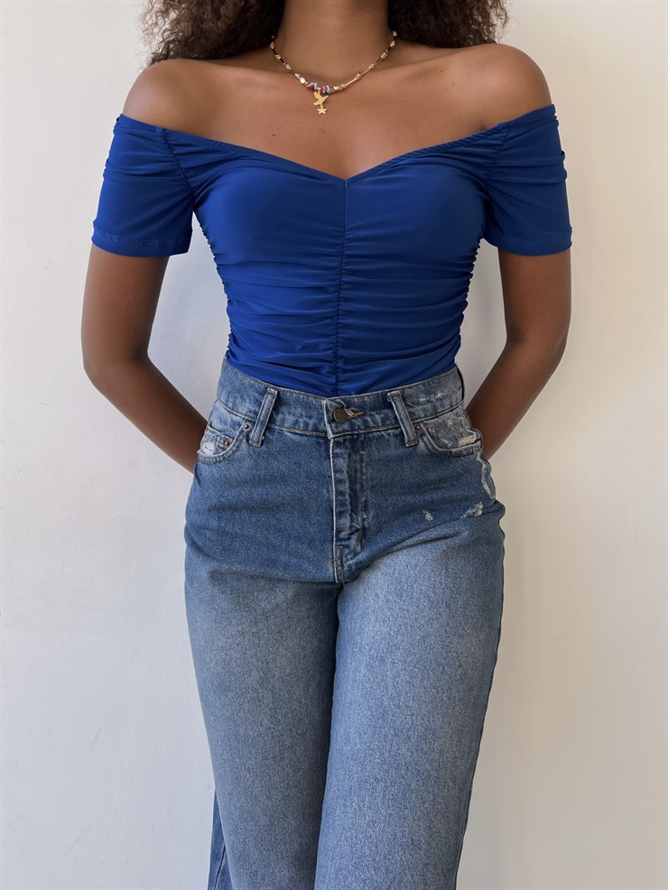 Kısa Kollu Kayık Yaka Büzgülü Jocosus Kadın Saks Bluz 22Y000394