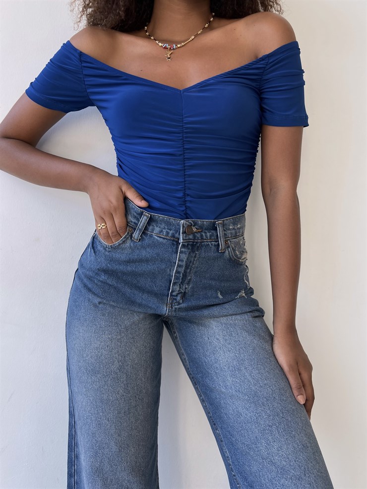 Kısa Kollu Kayık Yaka Büzgülü Jocosus Kadın Saks Bluz 22Y000394