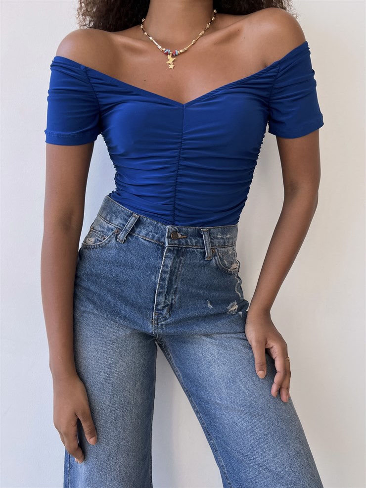 Kısa Kollu Kayık Yaka Büzgülü Jocosus Kadın Saks Bluz 22Y000394