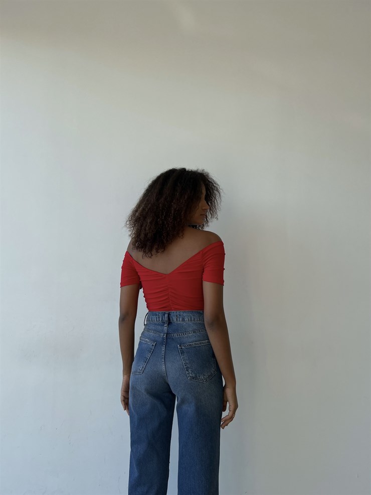 Kısa Kollu Kayık Yaka Büzgülü Jocosus Kadın Kırmızı Bluz 22Y000394