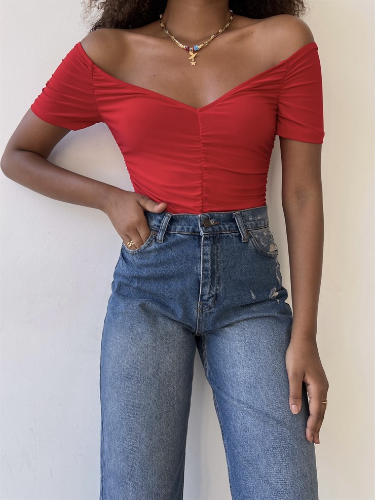 Kısa Kollu Kayık Yaka Büzgülü Jocosus Kadın Kırmızı Bluz 22Y000394