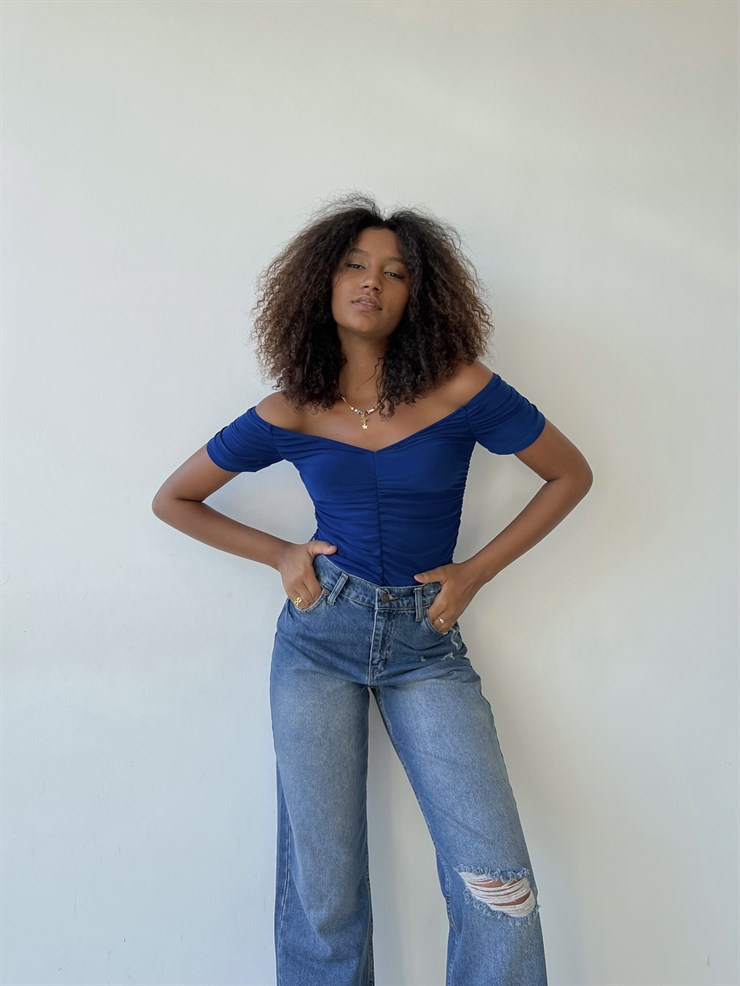 Kısa Kollu Kayık Yaka Büzgülü Jocosus Kadın Saks Bluz 22Y000394