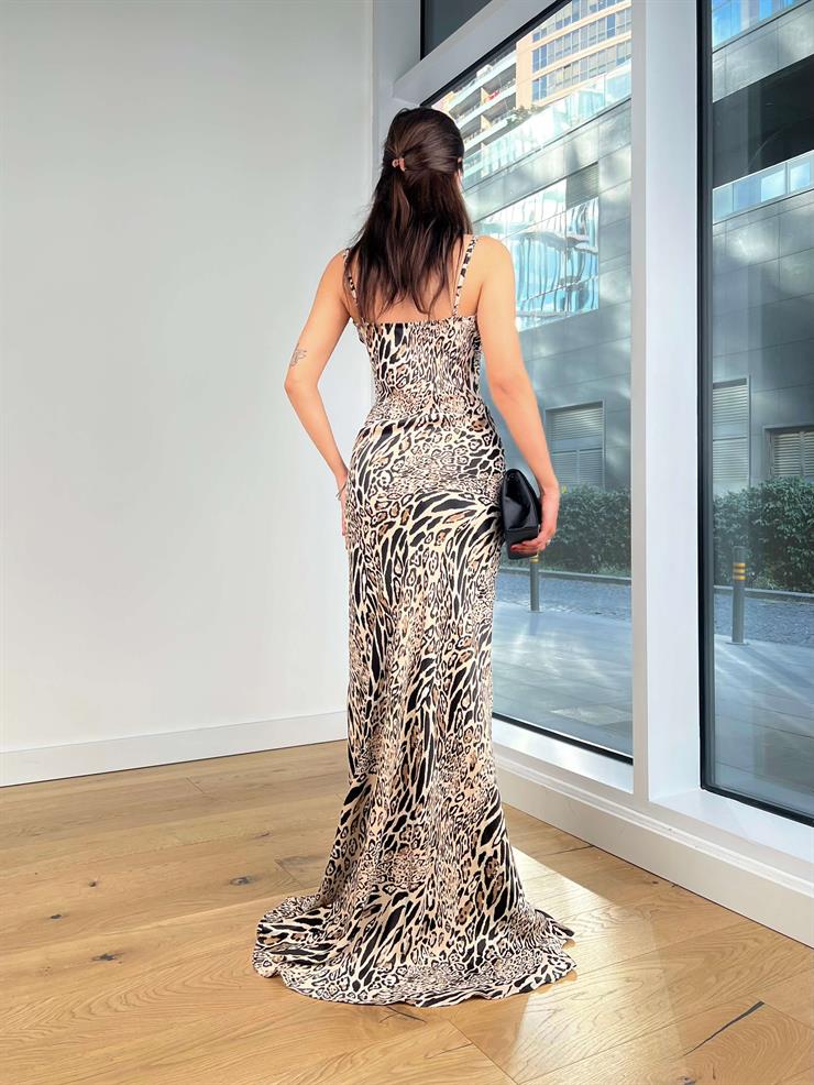 Askılı Degaje Yaka Desenli Kisha Bej Kadın Uzun Elbise 25K315