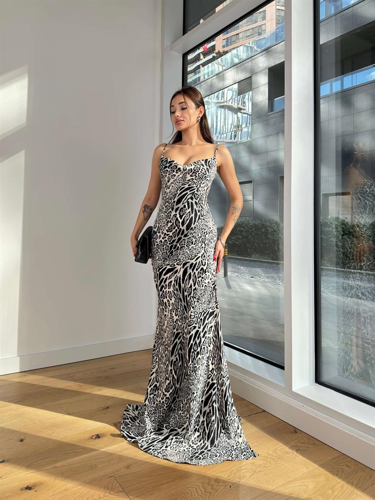 Askılı Degaje Yaka Desenli Kisha Gri Kadın Uzun Elbise 25K315