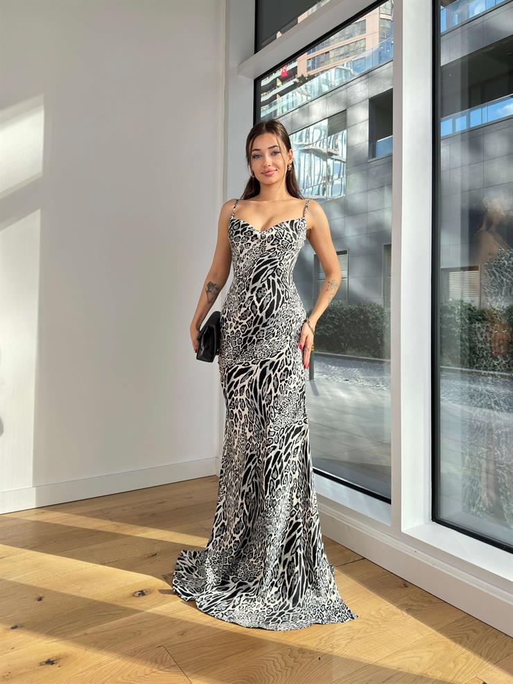 Askılı Degaje Yaka Desenli Kisha Gri Kadın Uzun Elbise 25K315