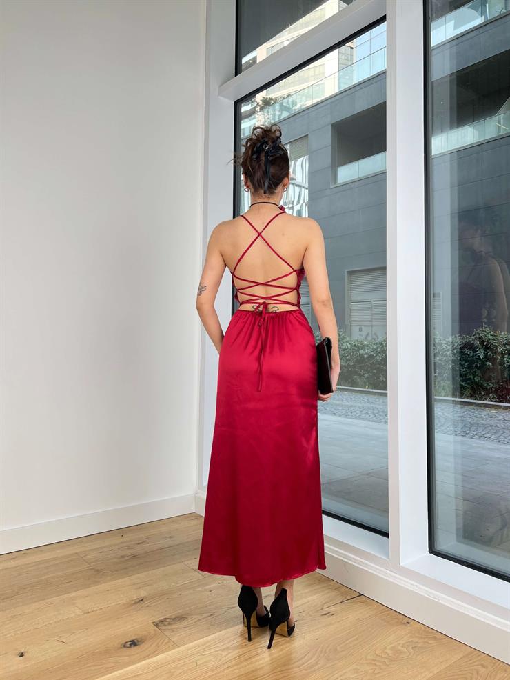 Arkadan Çapraz Askılı Saten Kito Kadın Bordo Elbise 24Y318