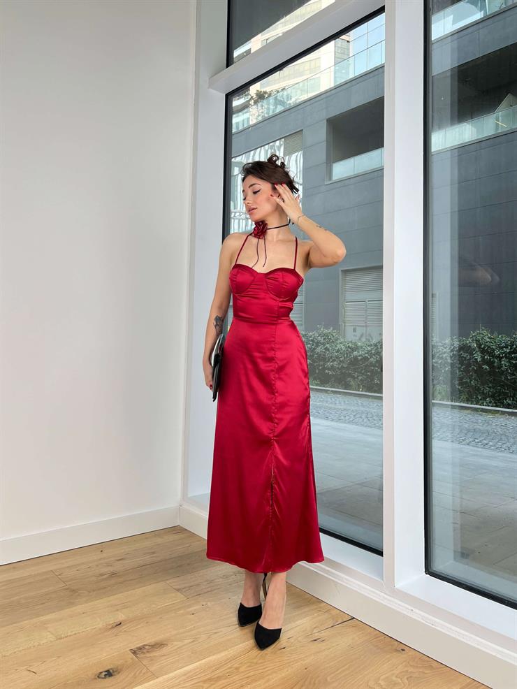 Arkadan Çapraz Askılı Saten Kito Kadın Bordo Elbise 24Y318