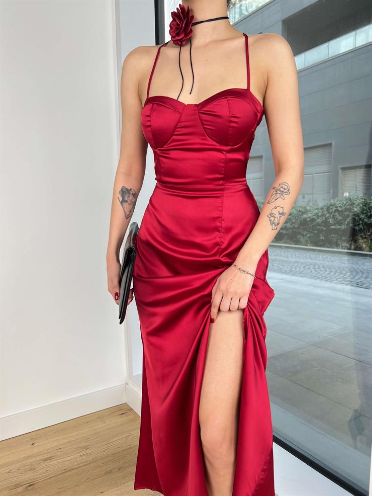 Arkadan Çapraz Askılı Saten Kito Kadın Bordo Elbise 24Y318