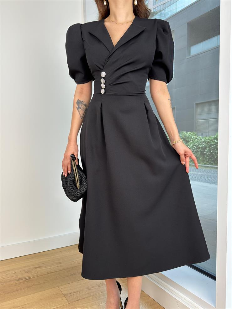 Kruvaze Yaka Önü Düğme Detaylı Balon Kol Klara Kadın Siyah Elbise 24Y605