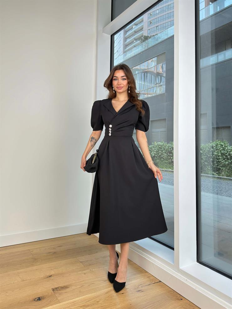 Kruvaze Yaka Önü Düğme Detaylı Balon Kol Klara Kadın Siyah Elbise 24Y605
