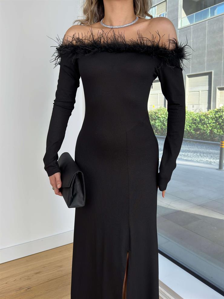 Uzun Kol Madonna Yaka Yakası Tüylü Klisman Siyah Kadın Elbise 25K398