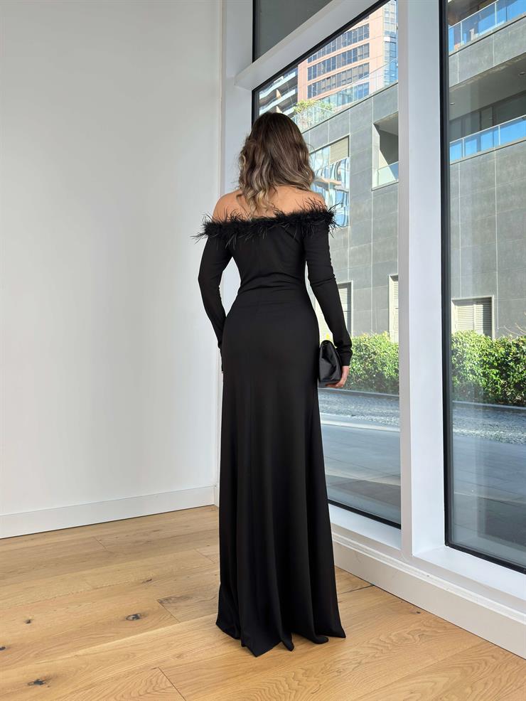 Uzun Kol Madonna Yaka Yakası Tüylü Klisman Siyah Kadın Elbise 25K398