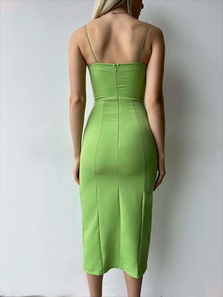İnce Askılı Yandan Yırtmaçlı Knicks Kadın Yeşil Midi Elbise 23Y000124