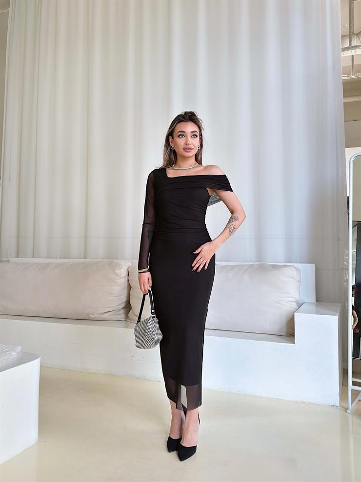 Tek Omuz Düşük Drapeli Koal Siyah Kadın Tül Elbise 25Y093