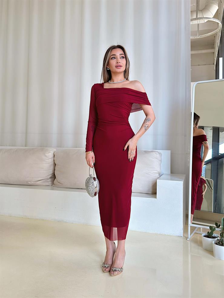 Tek Omuz Düşük Drapeli Koal Bordo Kadın Tül Elbise 25Y093