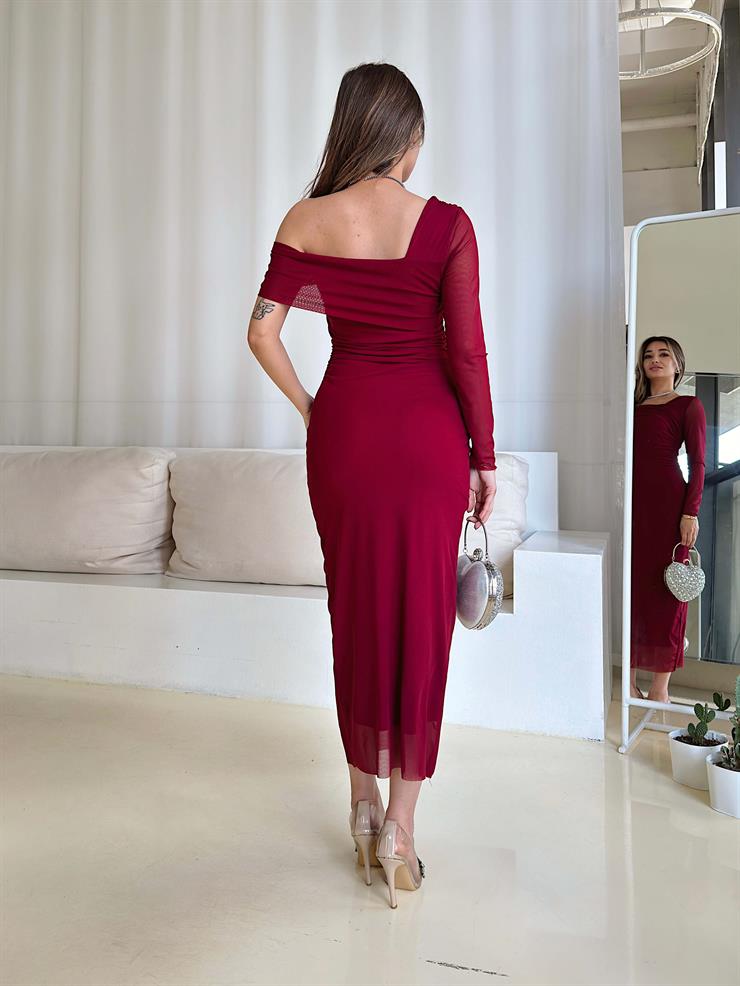 Tek Omuz Düşük Drapeli Koal Bordo Kadın Tül Elbise 25Y093